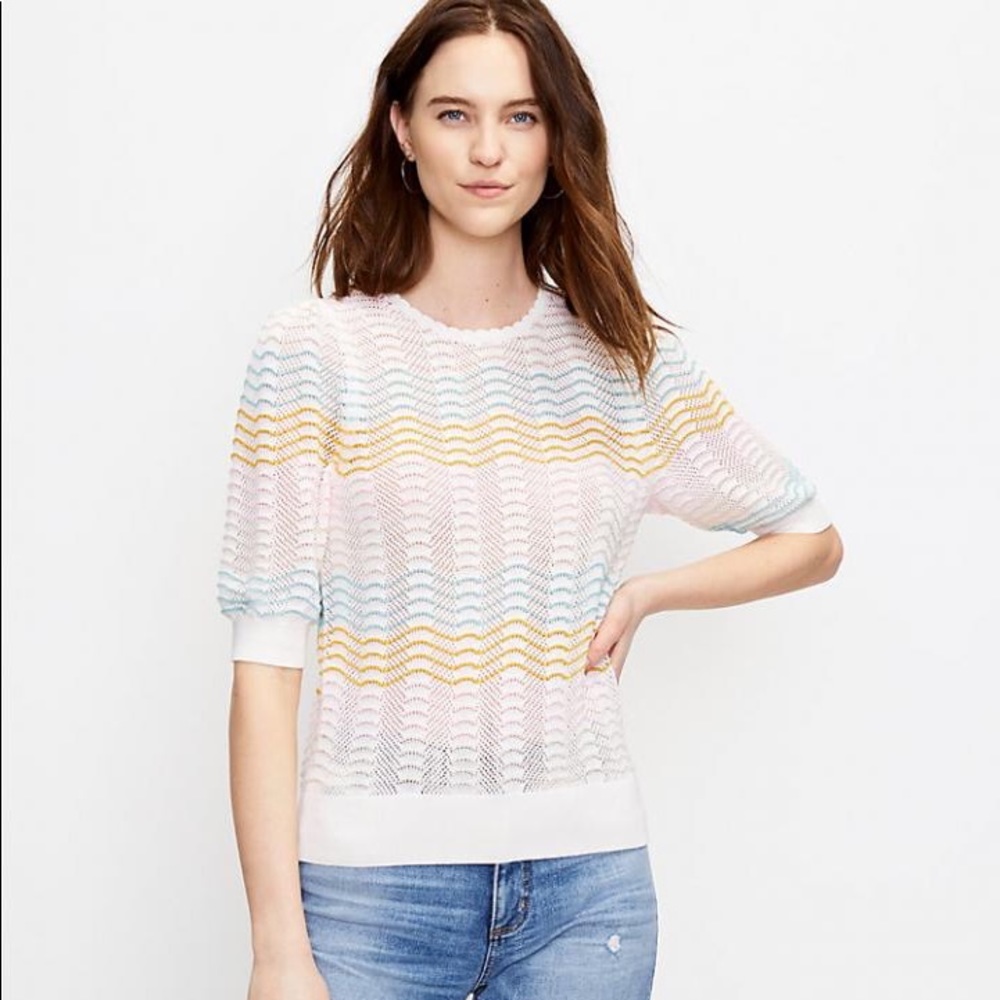 Loft pastel striped pointelle puff sleeve blouse